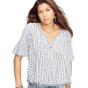 Women's Blue Grommet-trim Paisley Gauze Top